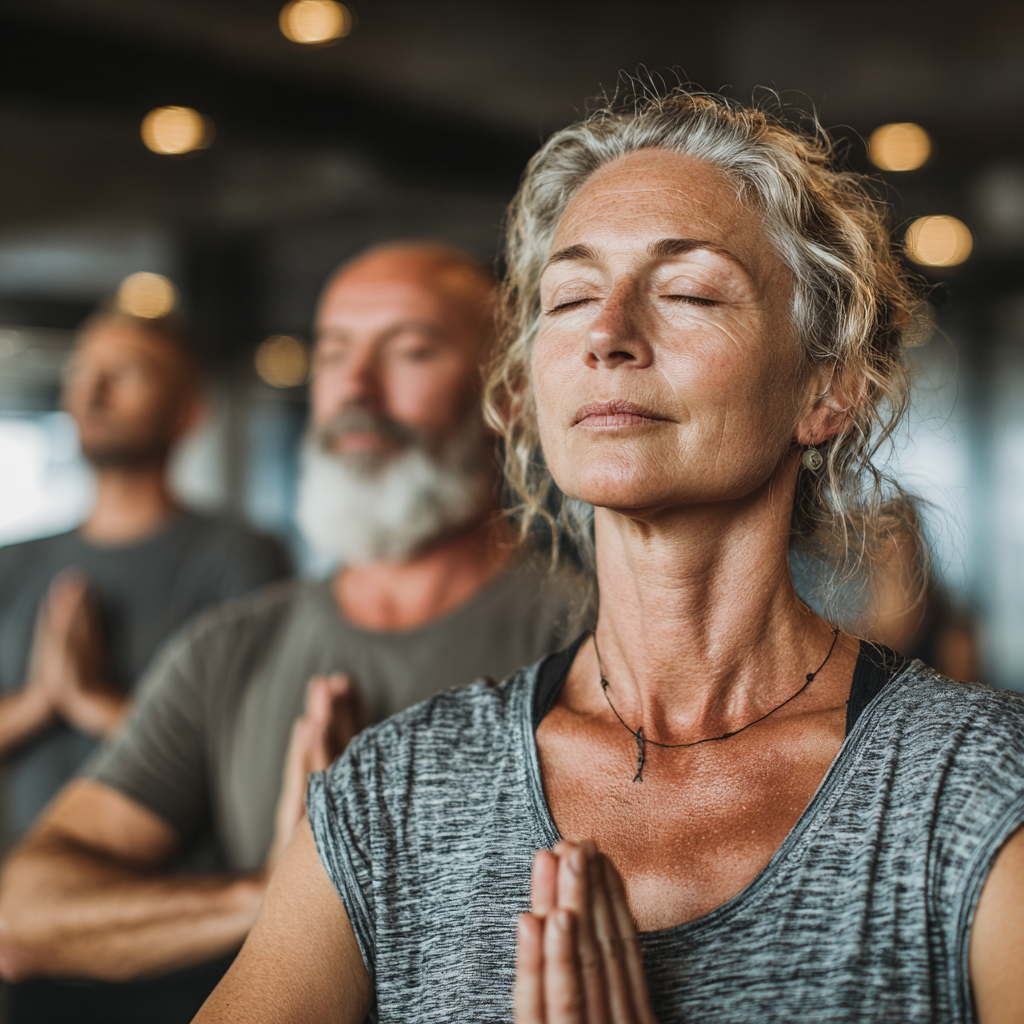 A group of adults aged 45-55 practicing yoga together in a bright modern studio, performing standing balance pose with focused expressions and peaceful atmosphere