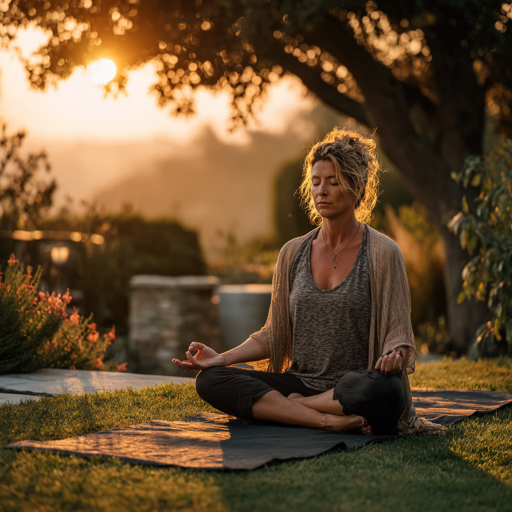 A woman in her late 40s practicing peaceful meditation pose outdoors at sunrise, sitting cross-legged on a yoga mat in a serene garden setting with soft morning light